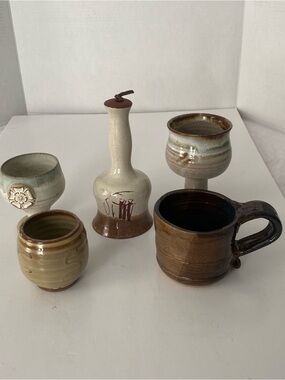 5 Vintage Earth-tone Pottery Pieces- Mugs, Goblets, Small Bowl and Bell